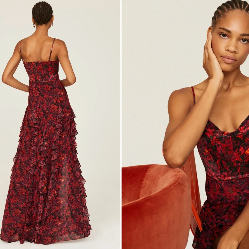 sz 2 Stargazer Lilies Glenda Gown dress Cinq à Sept Long Floral Printed Ruffle - Picture 2 of 5